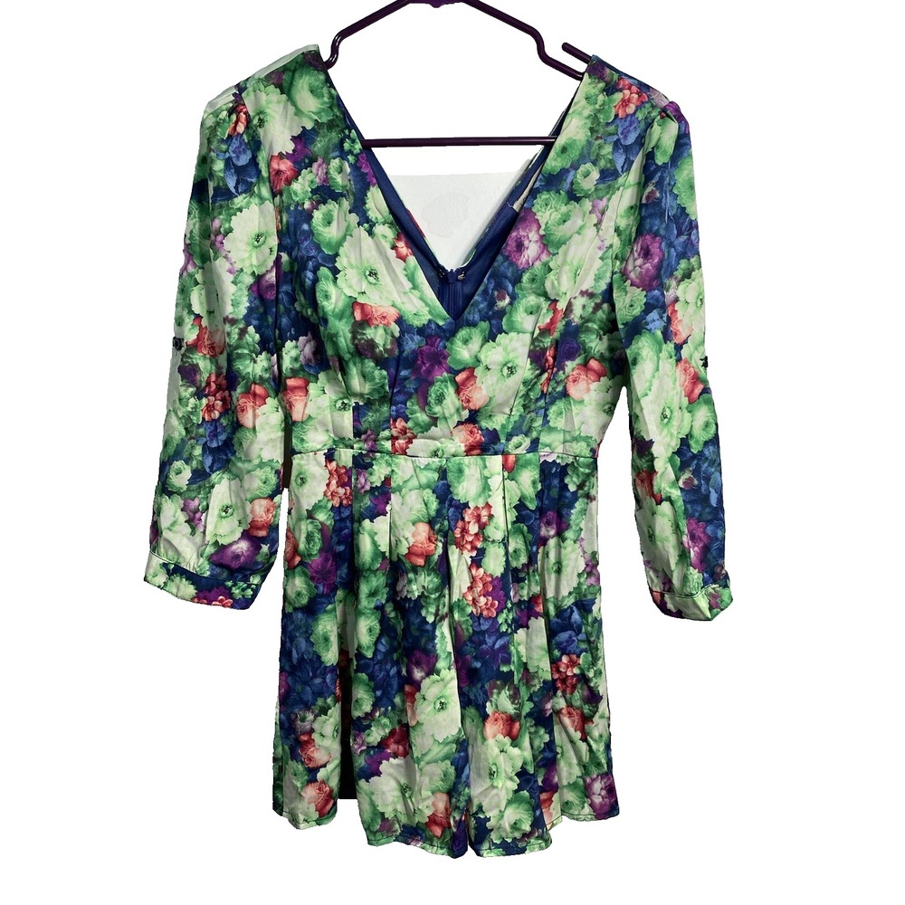 love culture womens romper size small long sleeve shorts green blue floral